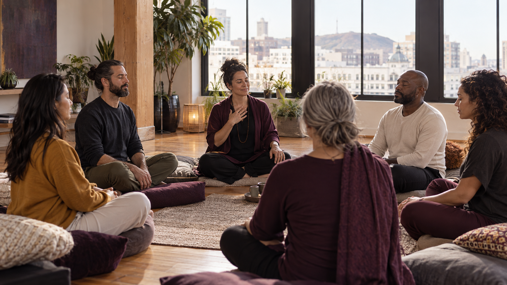 A guided meditation circle in a bright city studio